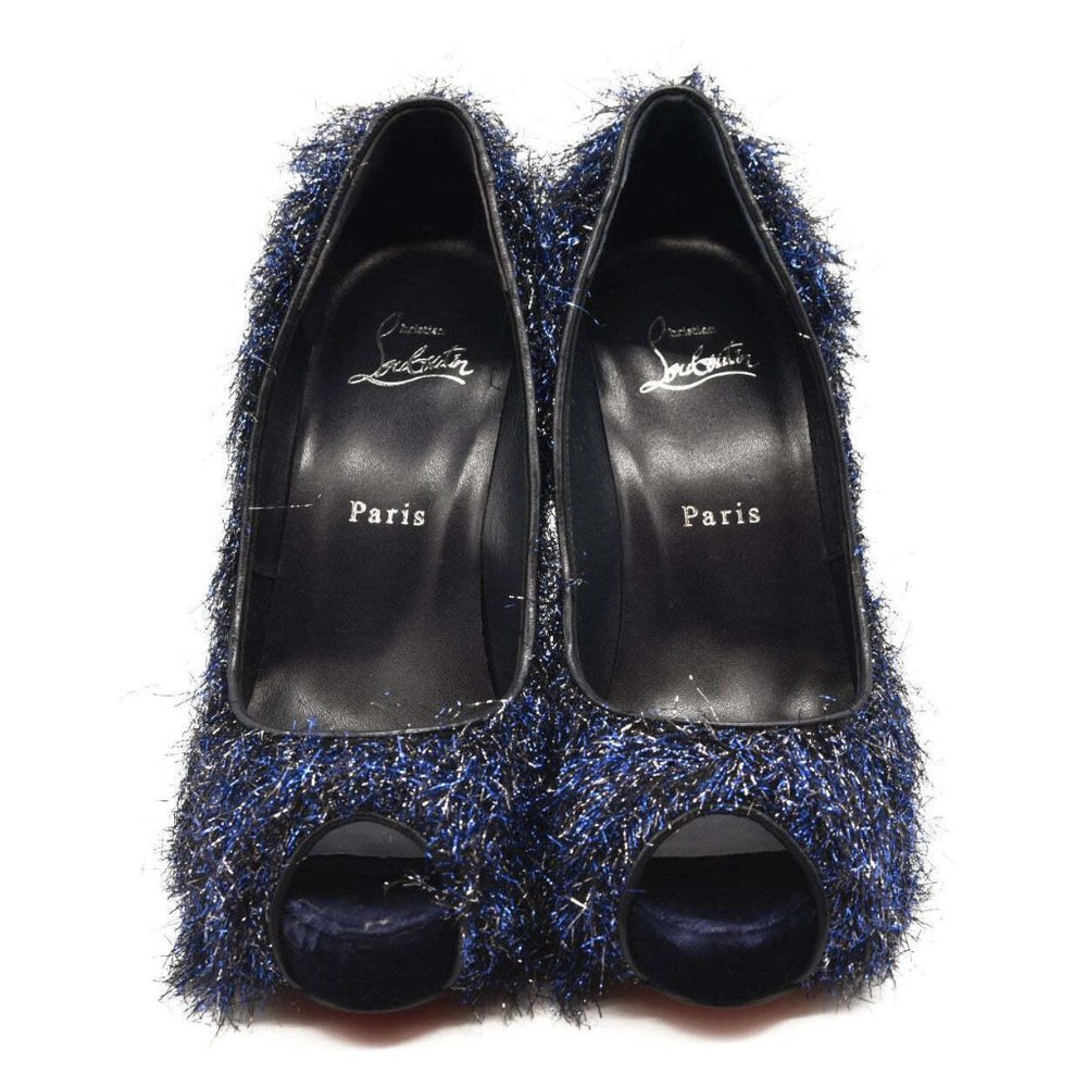 NEW $850 Christian Louboutin Very Prive 120 Peep Toe Blue Glitter Metallic Threa - Picture 2 of 9